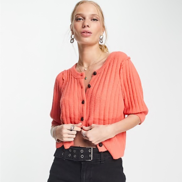 Free People Sloane ribbed cardigan in coral - Picture 3 of 9